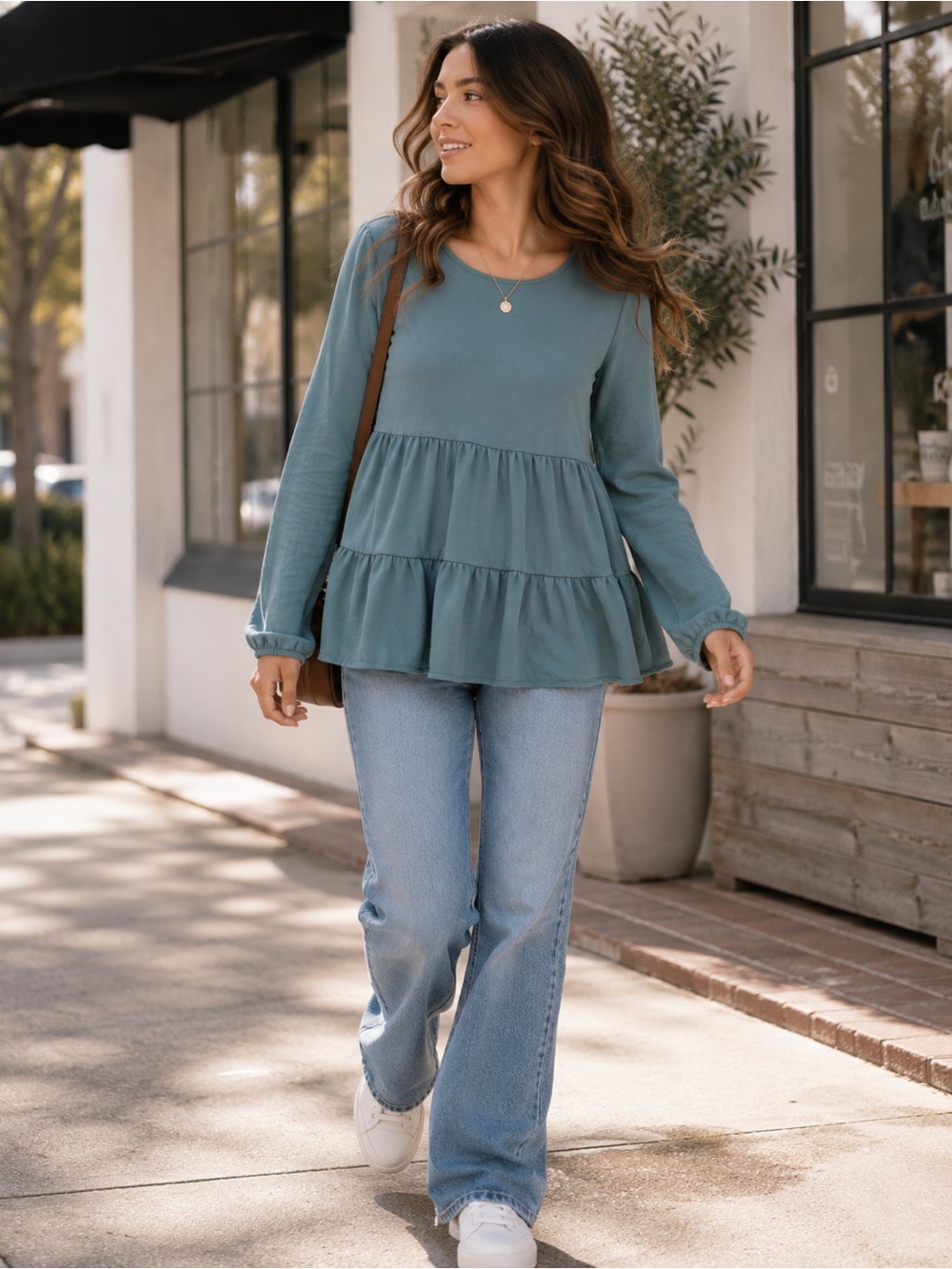 Olive + Oak Blue Tiered Peplum‎ Long Sleeve Blouse Size M Boho Casual